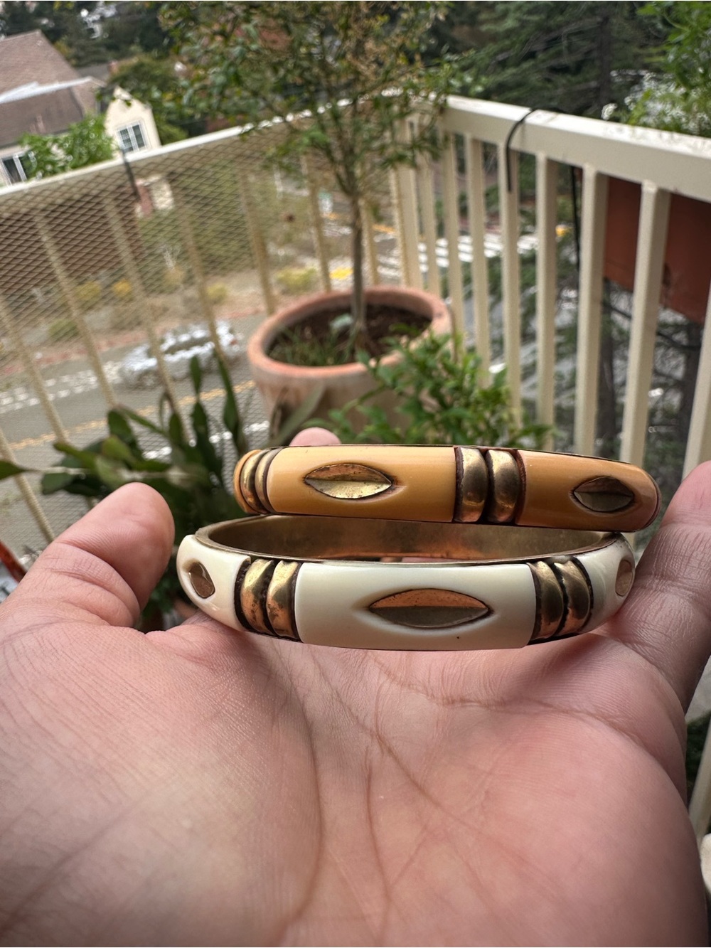 Vintage Brass Inlay Bangles - Set of 2: Cream and Tan